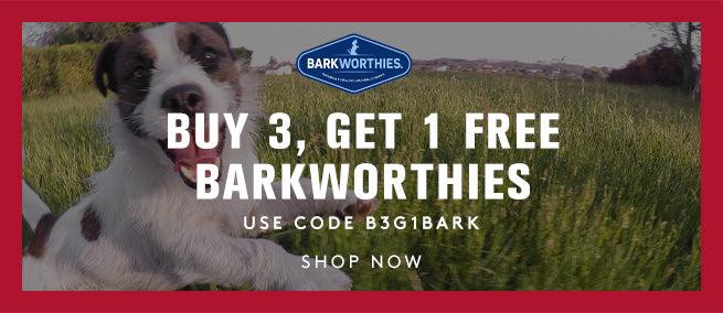 A spotted terrier playing in a green field, with a barksworthie logo.  Buy 3, get 1 Free Barkworthies. Use code: B3G1BARK Shop now