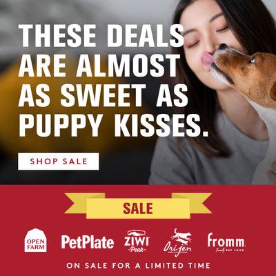 An oriental women getting licked in the face by her Jack Russel terrier. With dog food brand logos from Open farm, Orijen, Ziwi Peak, PetPlate and Fromm. These deals are almost as sweet as puppy kisses. Shop Sale