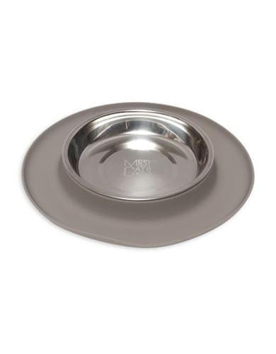 Messy Mutts Silicone Feeder With Stainless Saucer Shaped Cat Bowl-Grey