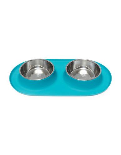 Messy Mutts Silicone Double Feeder With Stainless Bowls Blue