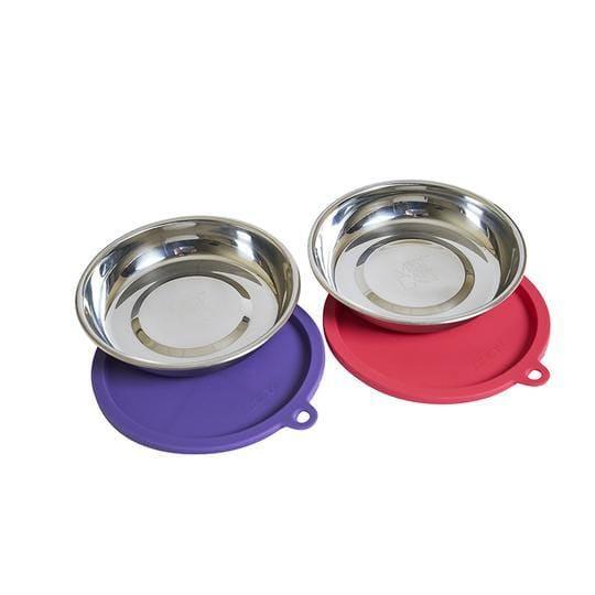 Messy Mutts Two Stainless Saucer Shaped Cat Bowls and Two Silicone